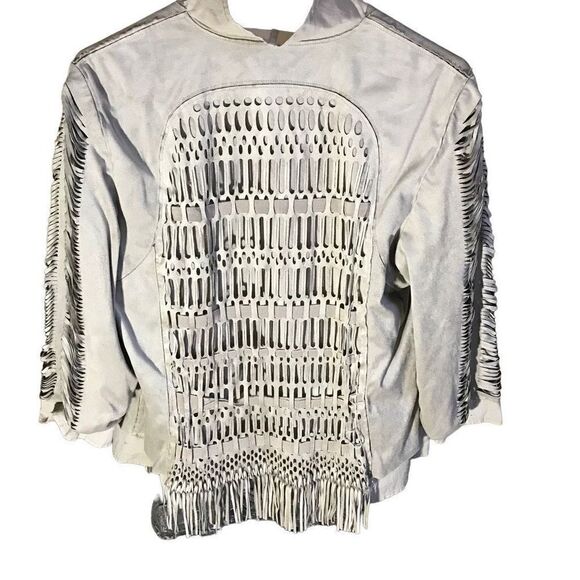 Chicos Size 1 = Medium women’s fringe beige jacket open front 3/4 sleeve - Picture 2 of 3